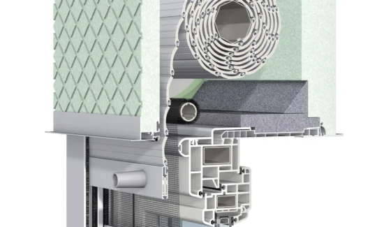 Technische Darstellung eines Rollladenkastens mit integriertem Fenster
